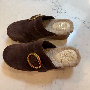 Vince Camuto Dark Brown Suede Clogs with Gold Accent